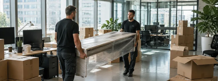 Deux déménageurs transportant un plateau de bureau protégé dans un open space