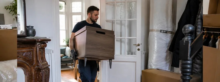 Déménageur portant un meuble emballé dans un appartement bruxellois
