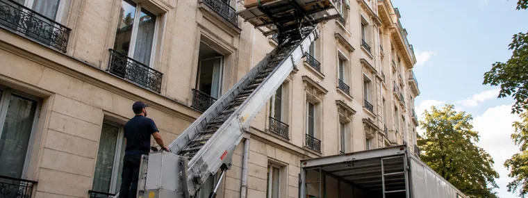 Élévateur lift déployé contre la façade d'un immeuble