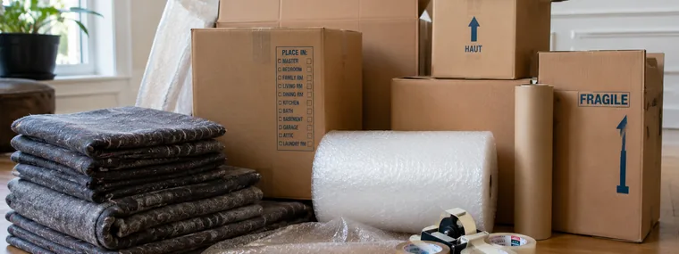 Cartons de déménagement étiquetés, papier bulle et couvertures de protection